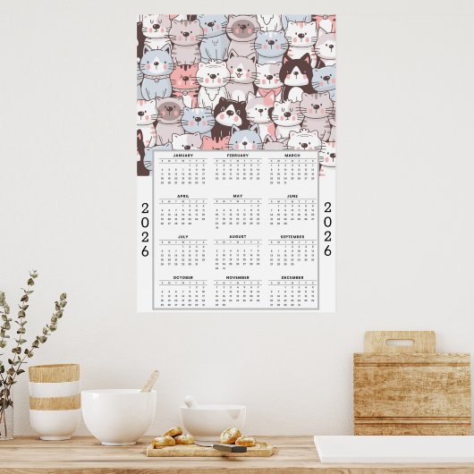 Poster Playful Cartoon Cat Pattern with 2026 Calendar (Cuisine)
