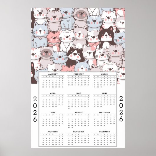 Poster Playful Cartoon Cat Pattern with 2026 Calendar (Devant)