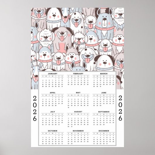 Poster Playful Cartoon Dog Pattern with 2026 Calendar (Devant)
