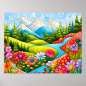 Poster Playful Mountain Meadow avec Fleurs et Stream (Devant)