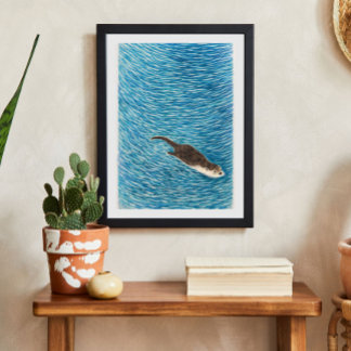 Poster Playful River Otter Swimming in Blue Water