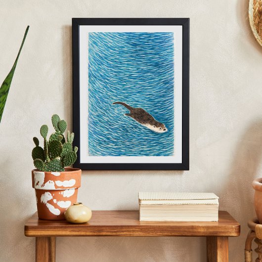 Poster Playful River Otter Swimming in Blue Water