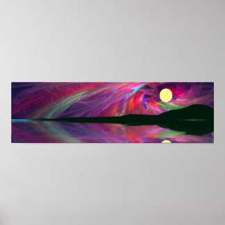 Poster Pleine lune Aurora à l'océan et aux montagnes