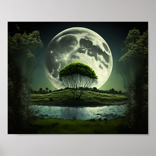 Poster Pleine lune avec arbre et rivière (Devant)