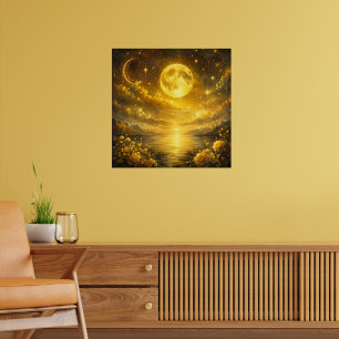 Poster Pleine Lune Dorée sur le Lac Enchanté — Fantaisie