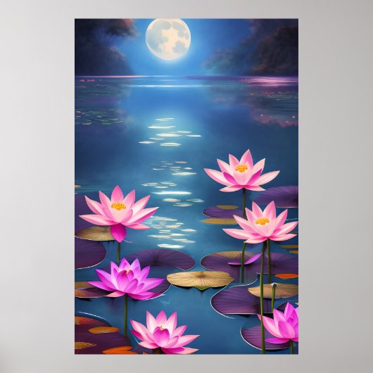 Poster Pleine lune et belles fleurs de Lotus roses (Devant)
