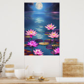 Poster Pleine lune et belles fleurs de Lotus roses (Cuisine)