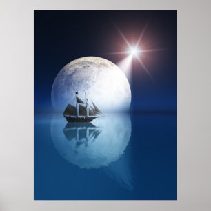 Poster Pleine lune et étoile au-dessus de bateau