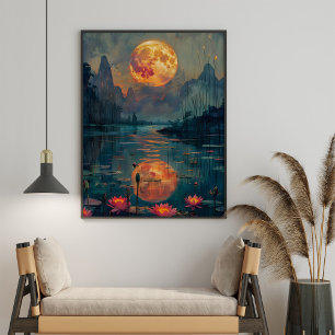Poster Pleine lune et lac avec des fleurs de Lotus peintu