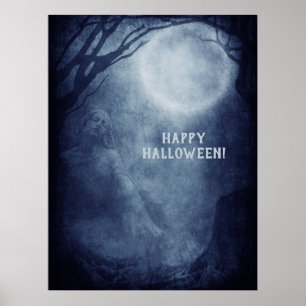 Poster Pleine lune fantôme d'Halloween éffrayant en soiré