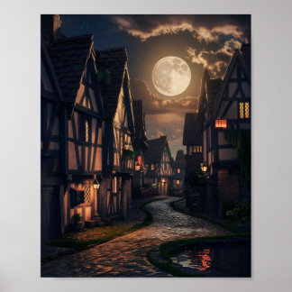 Poster Pleine lune nocturne de la vieille ville