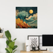 Poster Pleine Lune Océan Vagues – Plage Côtière Abstraite (Bureau à domicile)