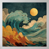 Poster Pleine Lune Océan Vagues – Plage Côtière Abstraite (Devant)