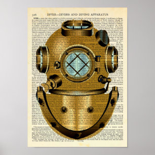 Poster Plongée de casque de plongée Vintage nautique - Di