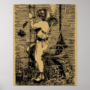 Poster Plongeur de mer profonde vintage Steampunk