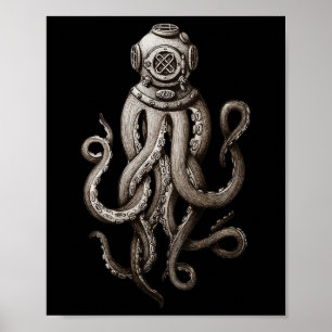Poster Plongeurs en mer profonde vintage Cthulhu Octopus