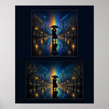 Pluie arc-en-ciel Ville Nuit Couple Sous Parapluie