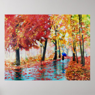 Poster Pluie d'automne et parapluie