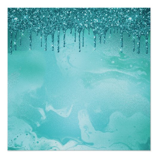 Poster Pluie de Parties scintillant turquoise sur marbre (Devant)