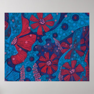 Poster Pluie estivale Fleurs d'Imaginaire bleu rose flora