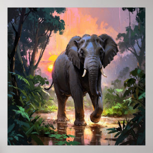 Poster Pluie vive et peinture d'éléphant au coucher du so