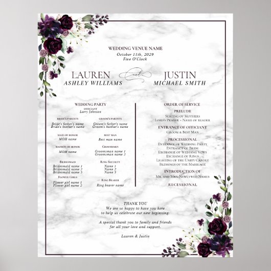 Poster Plum Purple Floral Marbre Programme de mariage Pos (Devant)