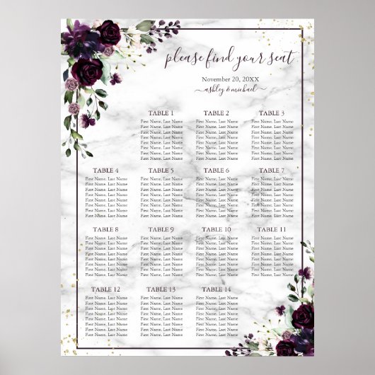 Poster Plum Purple Or Floral Marbre Mariage Siège (Devant)
