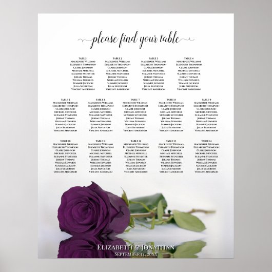 Poster Plum Purple Rose 14 Table Wedding Seating Chart (Devant)