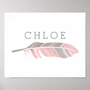 Poster Plume Rustique   Nom Personnalisé en Rose sur Art 
