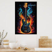 Poster Plumes Et Flammes Basse Électrique Guitare (Cuisine)