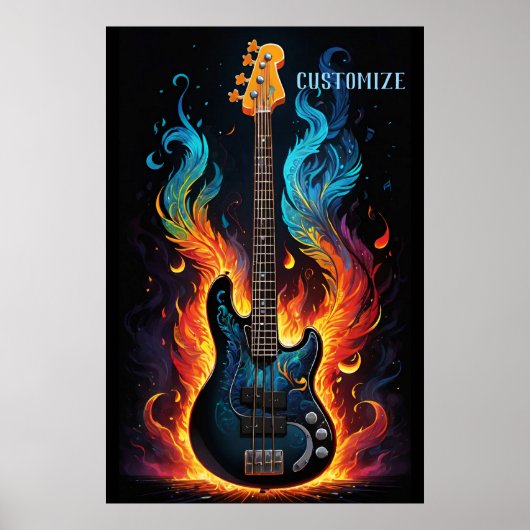 Poster Plumes Et Flammes Basse Électrique Guitare (Devant)