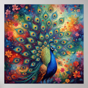 Poster Plumes et fleurs de paon colorés