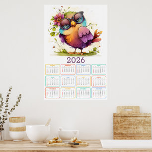Poster Plumes & Fleurs : Calendrier 2026 de la chouette