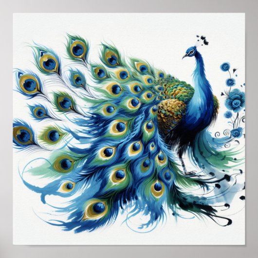 Poster Plumes majestueuses : Art numérique Peacock bleu (Devant)
