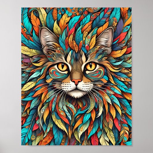Poster Plumes multicolores Chat 737 (Devant)