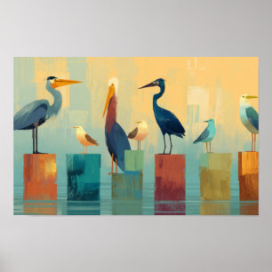 Poster Plusieurs oiseaux de mer perchés sur des pieux