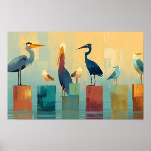 Poster Plusieurs oiseaux de mer perchés sur des pieux (Devant)