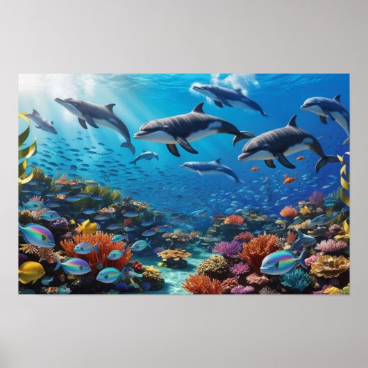 Poster Pod de dauphins dynamiques et poissons - Récif de  (Devant)