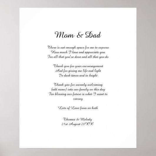 Poster Poem Parents Mariée Mariage Merci Cadeau (Devant)