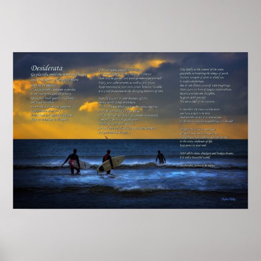 Poster Poème de Desiderata sur le surf au coucher du sole (Devant)