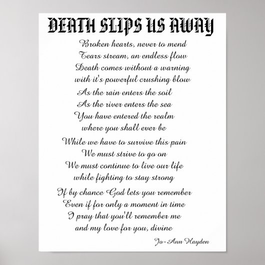 Poster poème DEATH SLIPS US AWAY (Devant)
