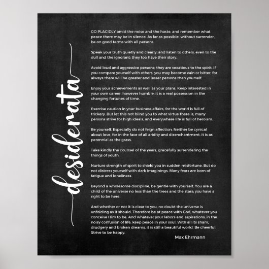 Poster Poème Desiderata de Max Ehrmann noir et blanc (Devant)