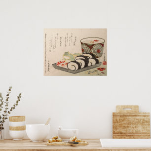 Poster Poème japonais antique imprimé en bois Sushi Sake
