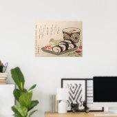 Poster Poème japonais antique imprimé en bois Sushi Sake (Bureau à domicile)