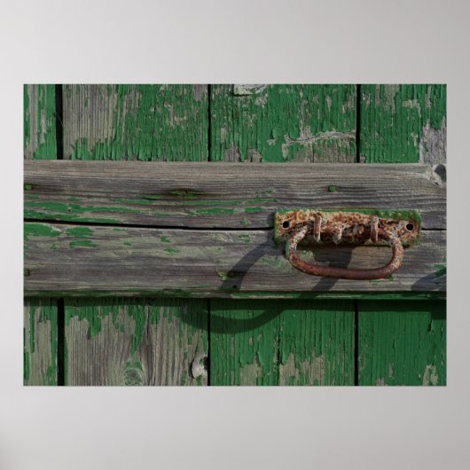Poster Poignée de porte rustique sur porte verte (Devant)