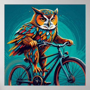 Poster Pointilist Owl Riding a Bike