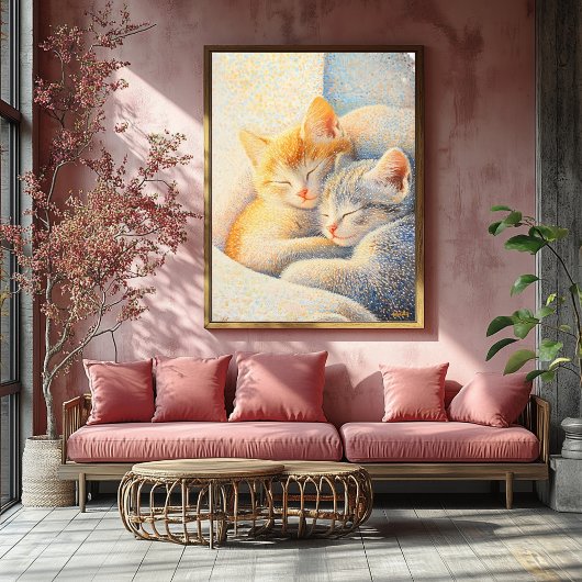Poster Pointillisme Chatons endormis dans la lumière du s