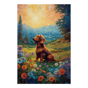 Poster Pointillisme Dachshund Exploration D'Une prairie