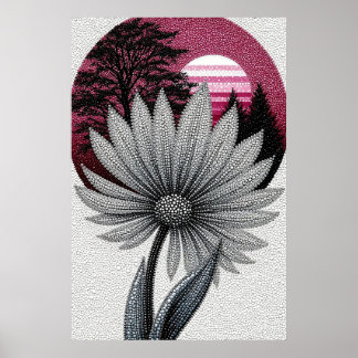 Poster Pointillisme Daisy avec coucher de soleil rose et