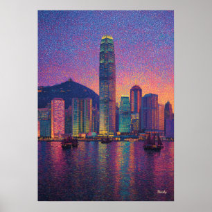 Poster Pointillisme de la ville de Hong Kong au coucher d
